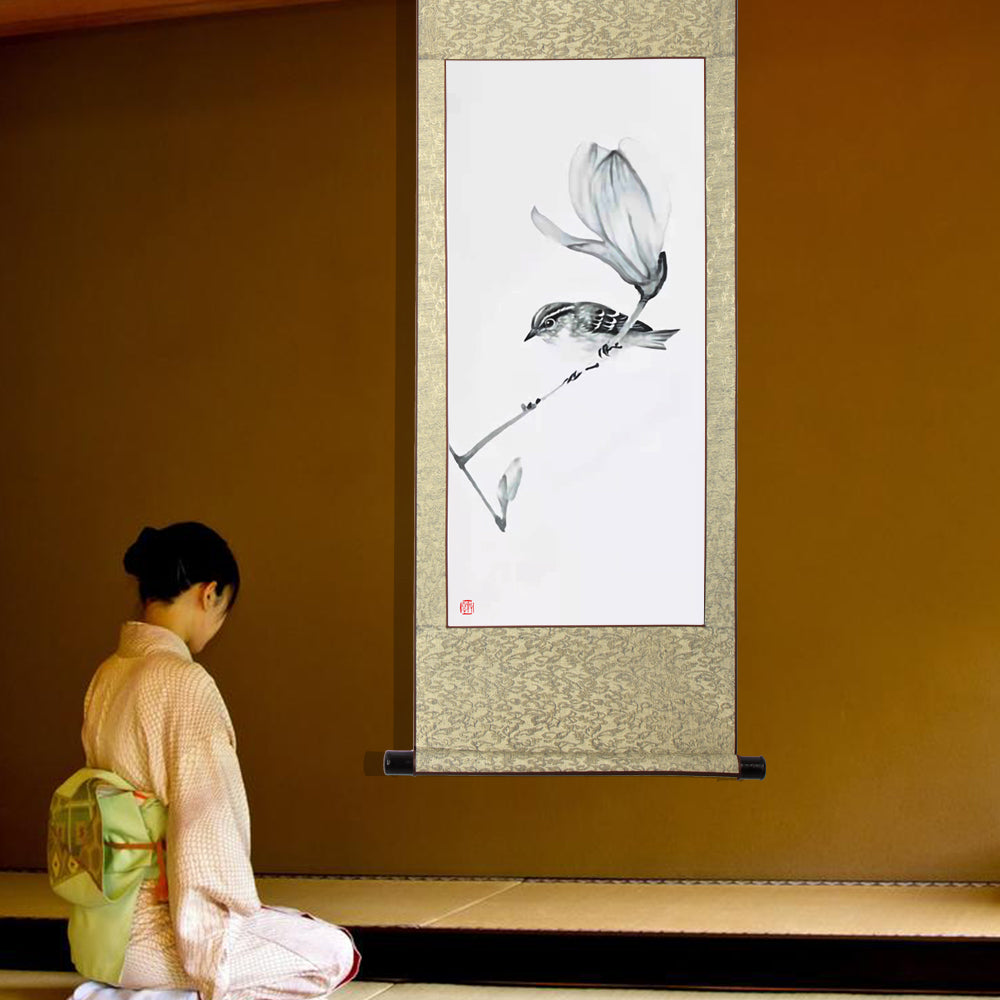 水墨画 掛け軸 四季花鳥画(図) 掛軸 画家の手描き 中国書画 美術国粋 年中掛 床の間 茶道の茶室内で用