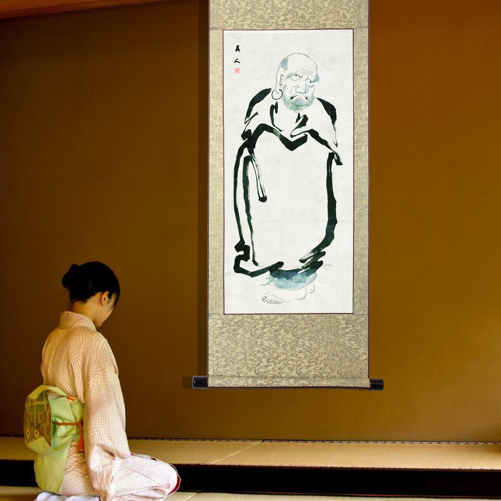 中国画 紙本水墨 達磨太師図 稀有な作品 収納箱 菩提達磨大師】水墨人物画 仏画 掛け軸 掛軸 画家の手描き中国